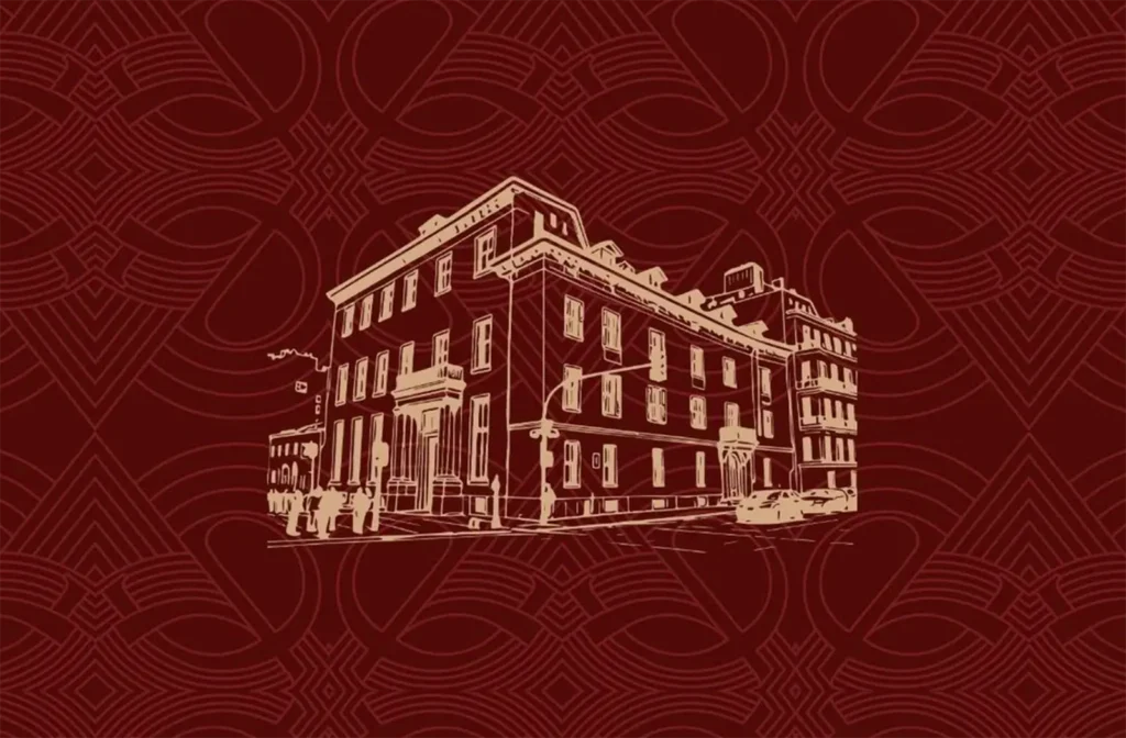 Edificio elegante su sfondo rosso.