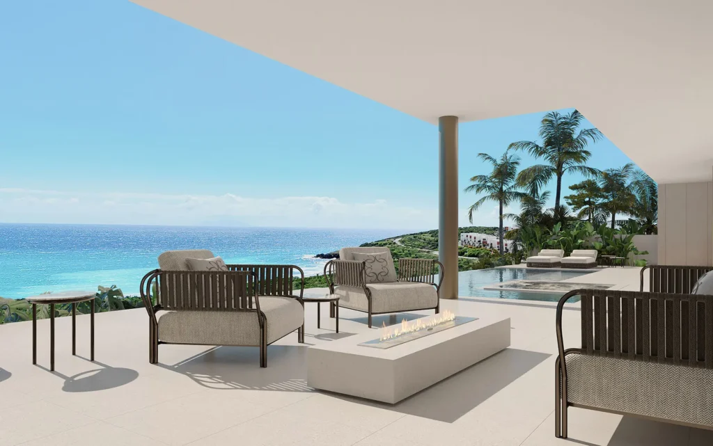 Rendering villa sul mare a Sint Maarten arredata da Elie Saab Maison