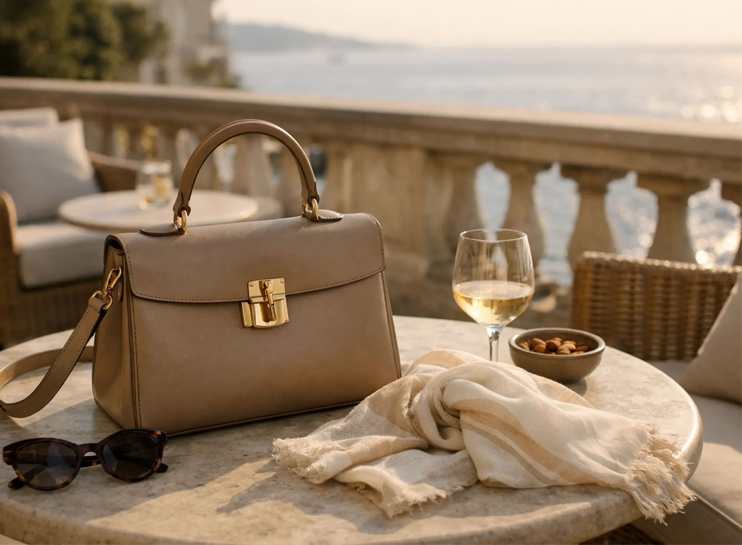 Borsa, occhiali e foulard sul tavolino di una terrazza vista mare, rappresentano il settore fashion di Nevele Digital Boutique